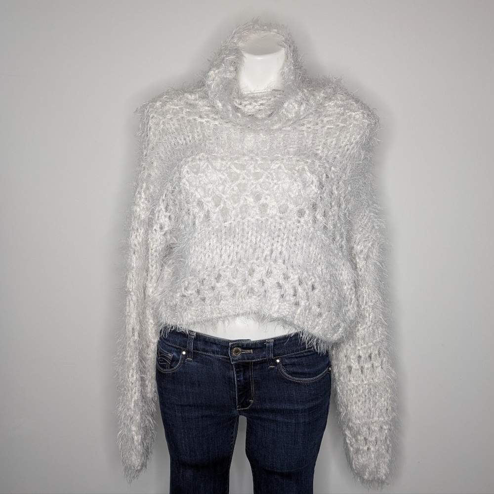 Free People Rustic Inn White Eyelash Boxy Cropped Loose Knit Turtleneck Sweater